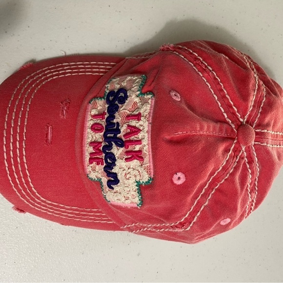 KBethos Vintage Distressed “Talk Southern To Me Embroidered Patch Coral Pink Hat - Picture 5 of 7